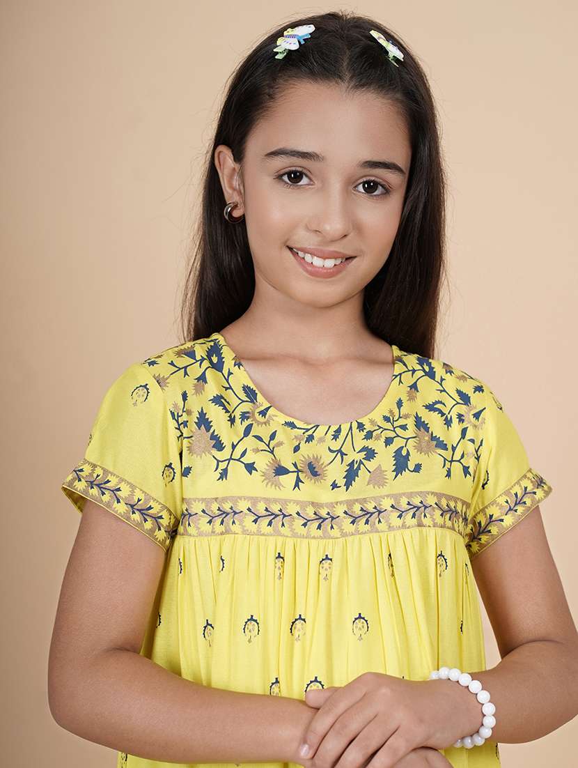 girls yellow printed round neck tiered dress - 21685950 -  Standard Image - 4