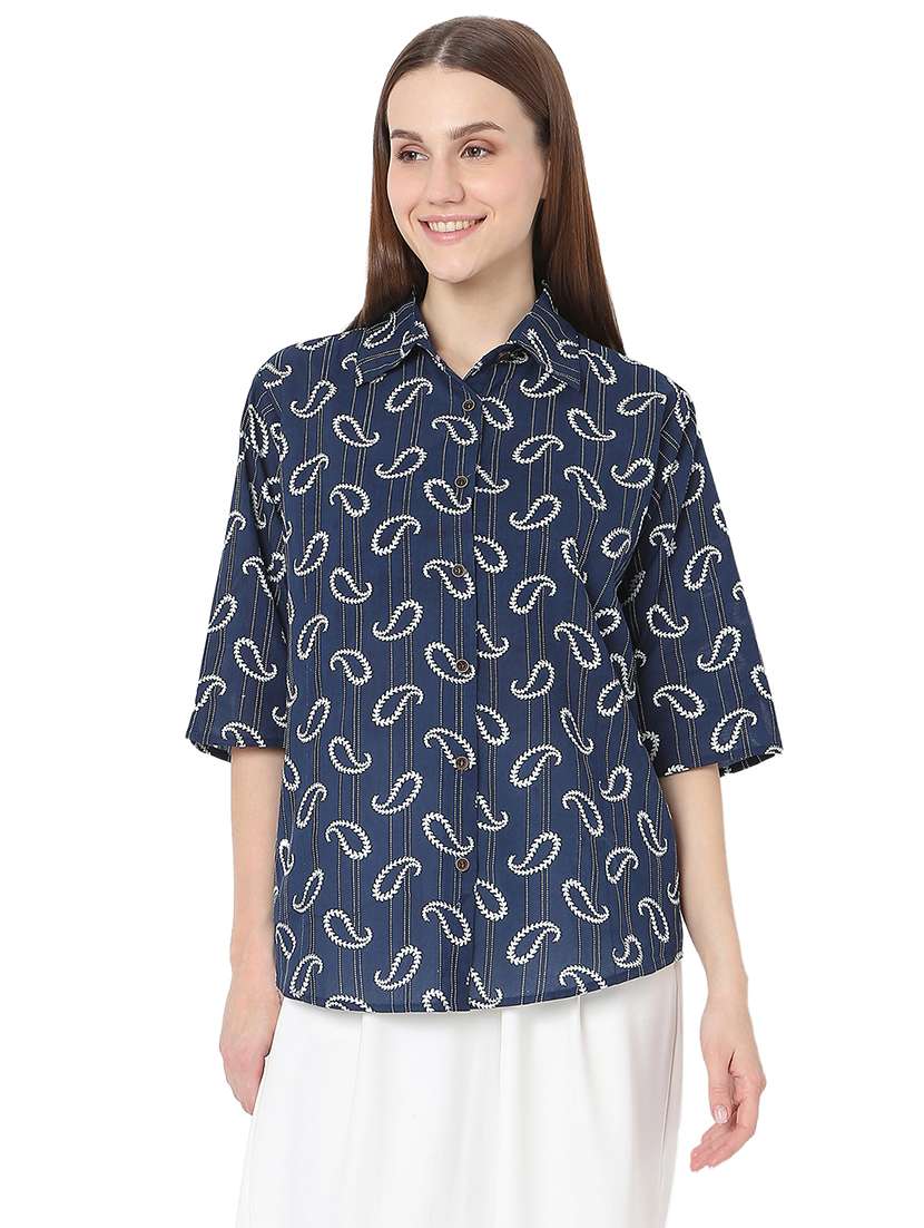 women navy blue paisley printed regular shirt