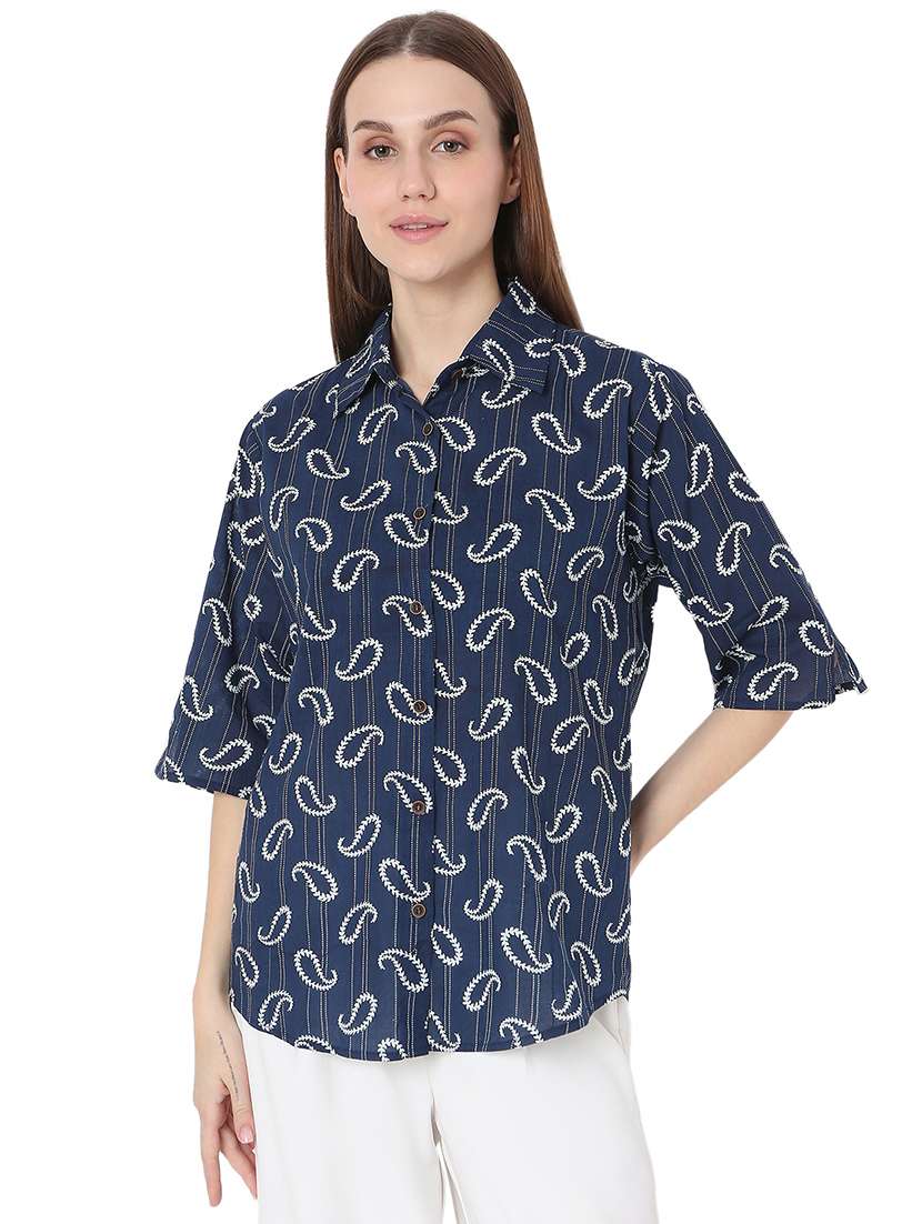 women navy blue paisley printed regular shirt - 21685959 - Standard Image - 1