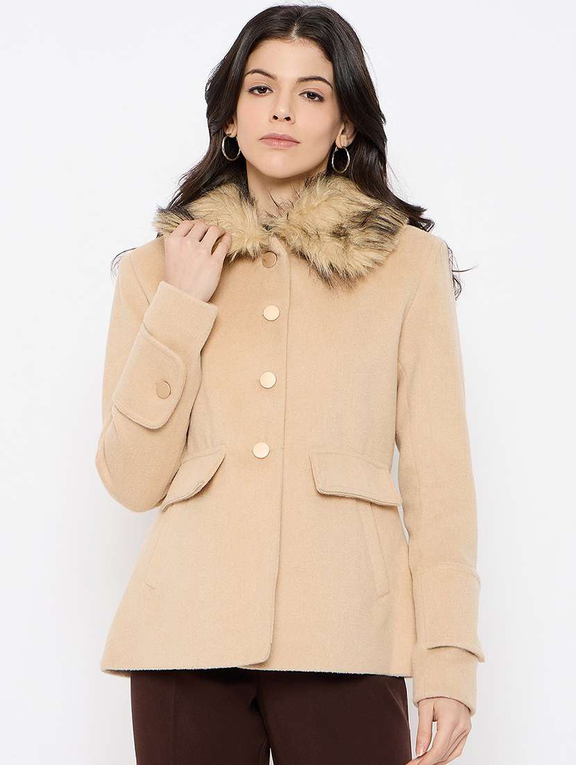 women fur detailed long sleeves regular coat