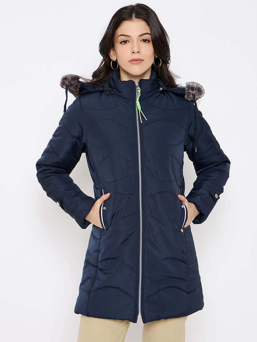 women solid fur detailed hooded parka jacket