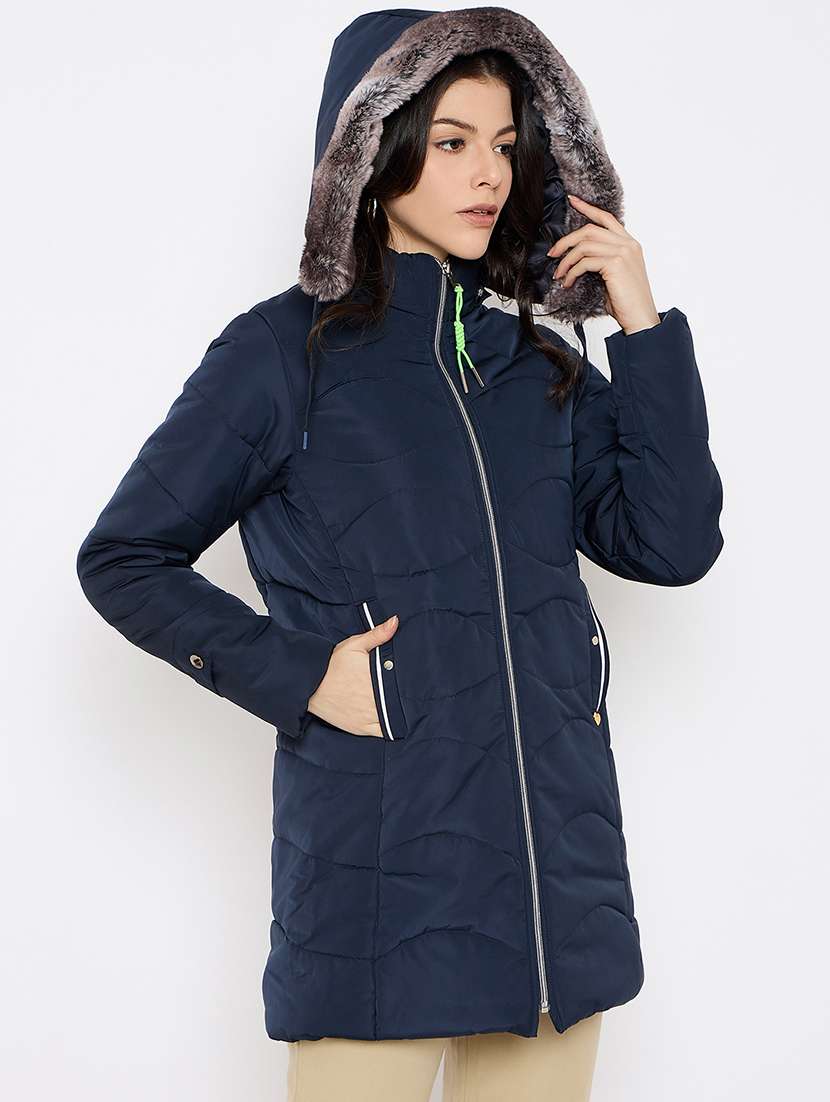 women solid fur detailed hooded parka jacket - 21686053 - Standard Image - 1