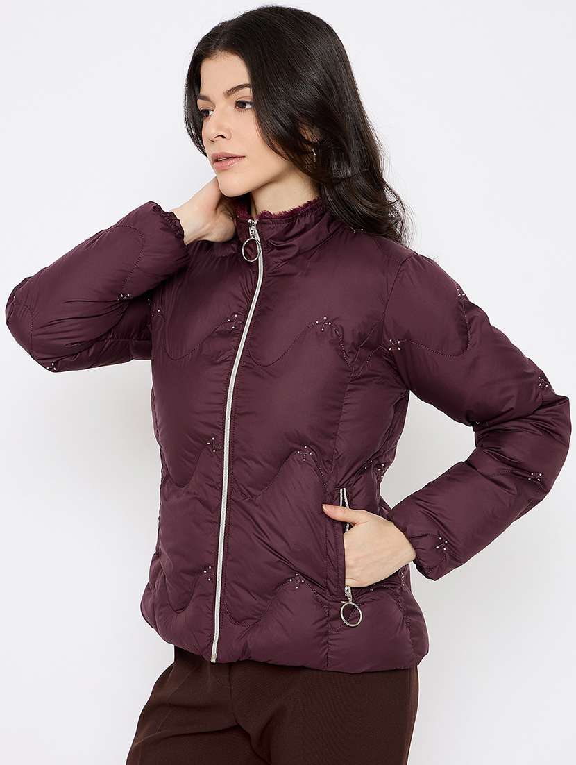 women burgundy solid long sleeve puffer jacket - 21686056 -  Standard Image - 1