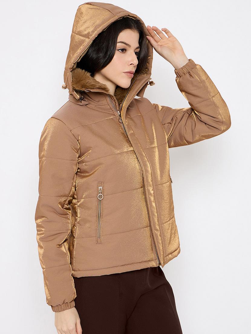 women solid fur detailed hooded puffer jacket - 21686057 - Standard Image - 1