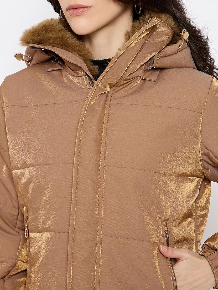 women solid fur detailed hooded puffer jacket - 21686057 - Standard Image - 4