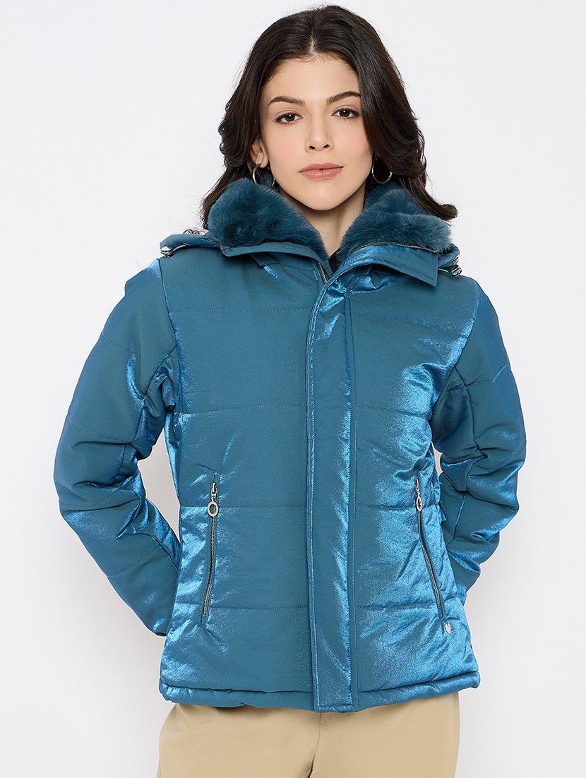 women solid fur detailed hooded puffer jacket - 21686058 - Zoom Image - 0