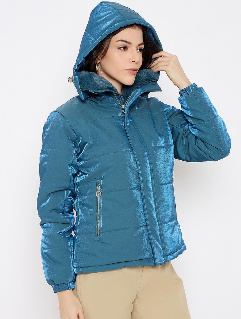 women solid fur detailed hooded puffer jacket - 21686058 - Standard Image - 1