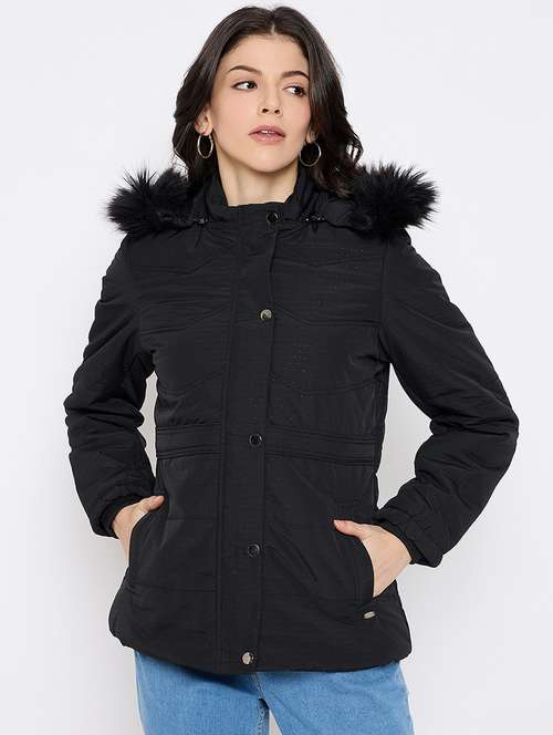 women solid fur detailed hooded bomber jacket - 21686059 -  Standard Image - 0