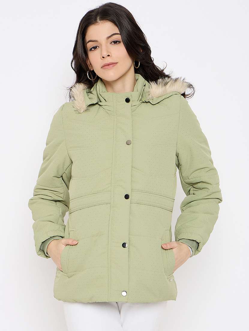 women printed fur detailed hooded parka jacket