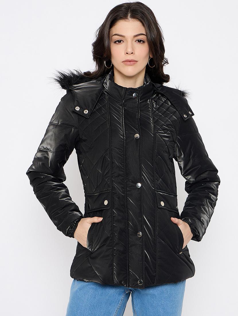 women solid fur detailed hooded parka jacket - 21686061 - Zoom Image - 0