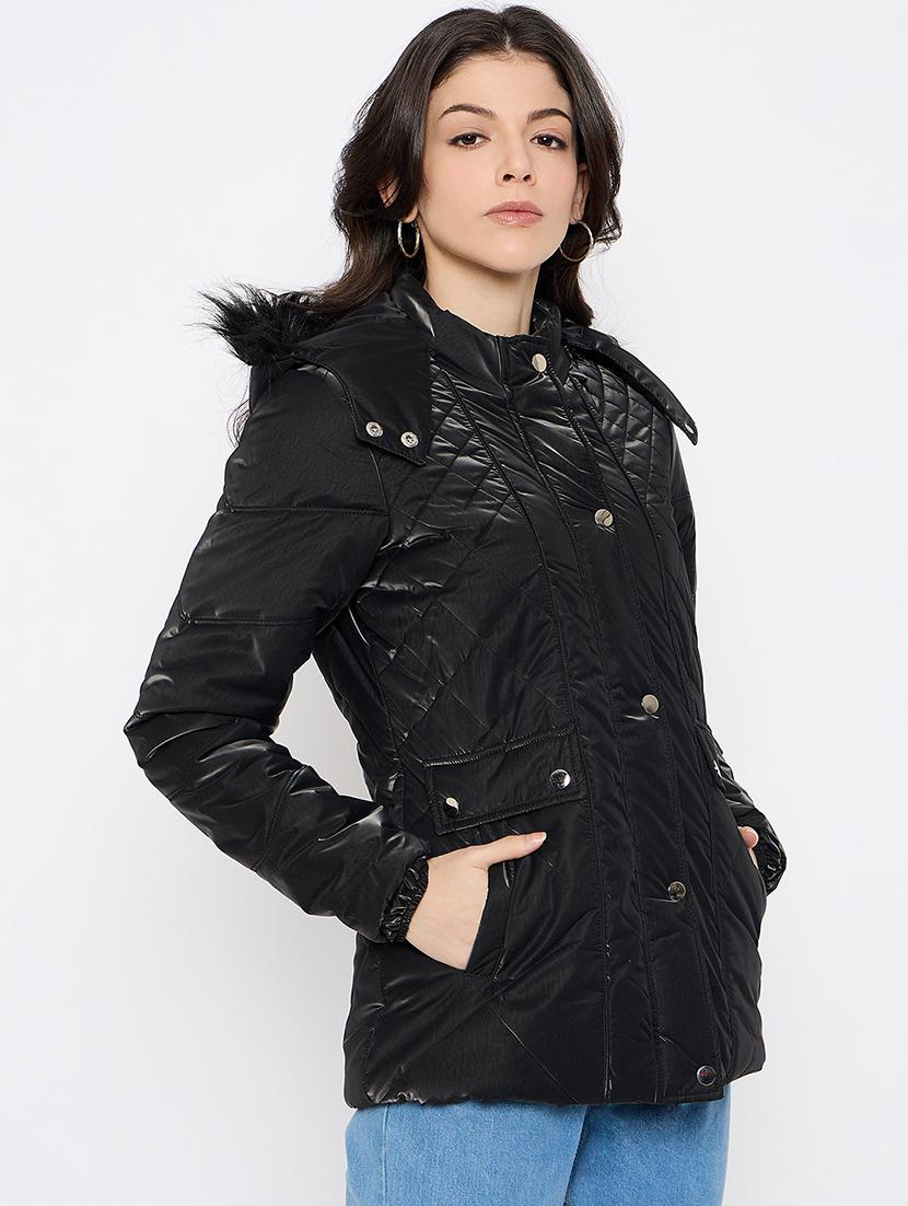 women solid fur detailed hooded parka jacket - 21686061 - Standard Image - 1