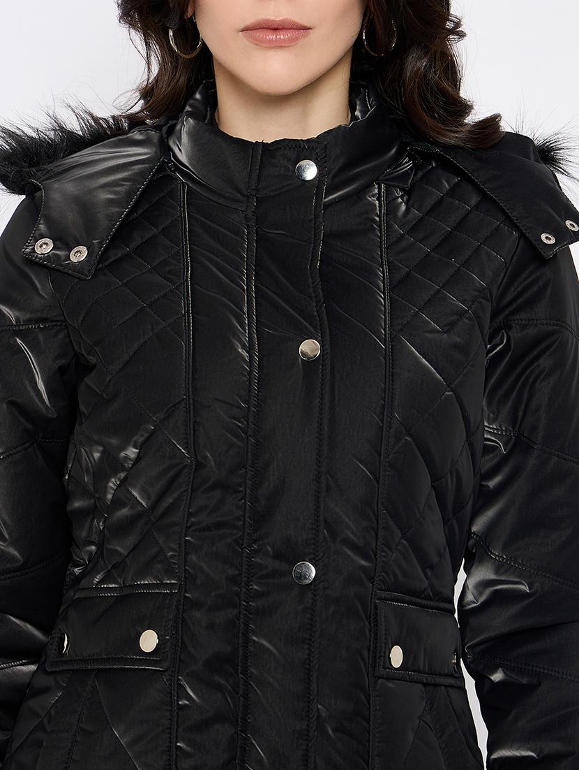 women solid fur detailed hooded parka jacket - 21686061 - Standard Image - 4