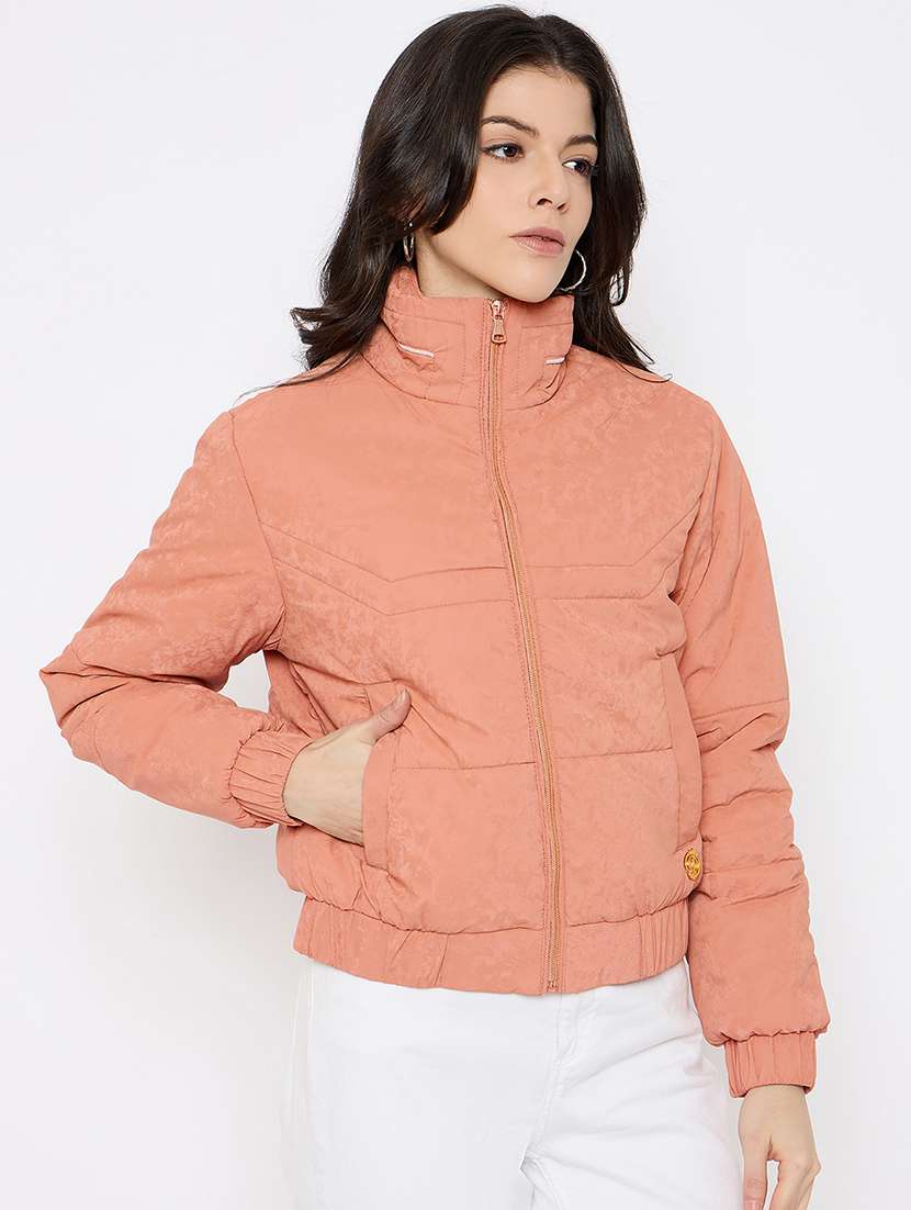women solid long sleeves puffer jacket - 21686063 - Standard Image - 1