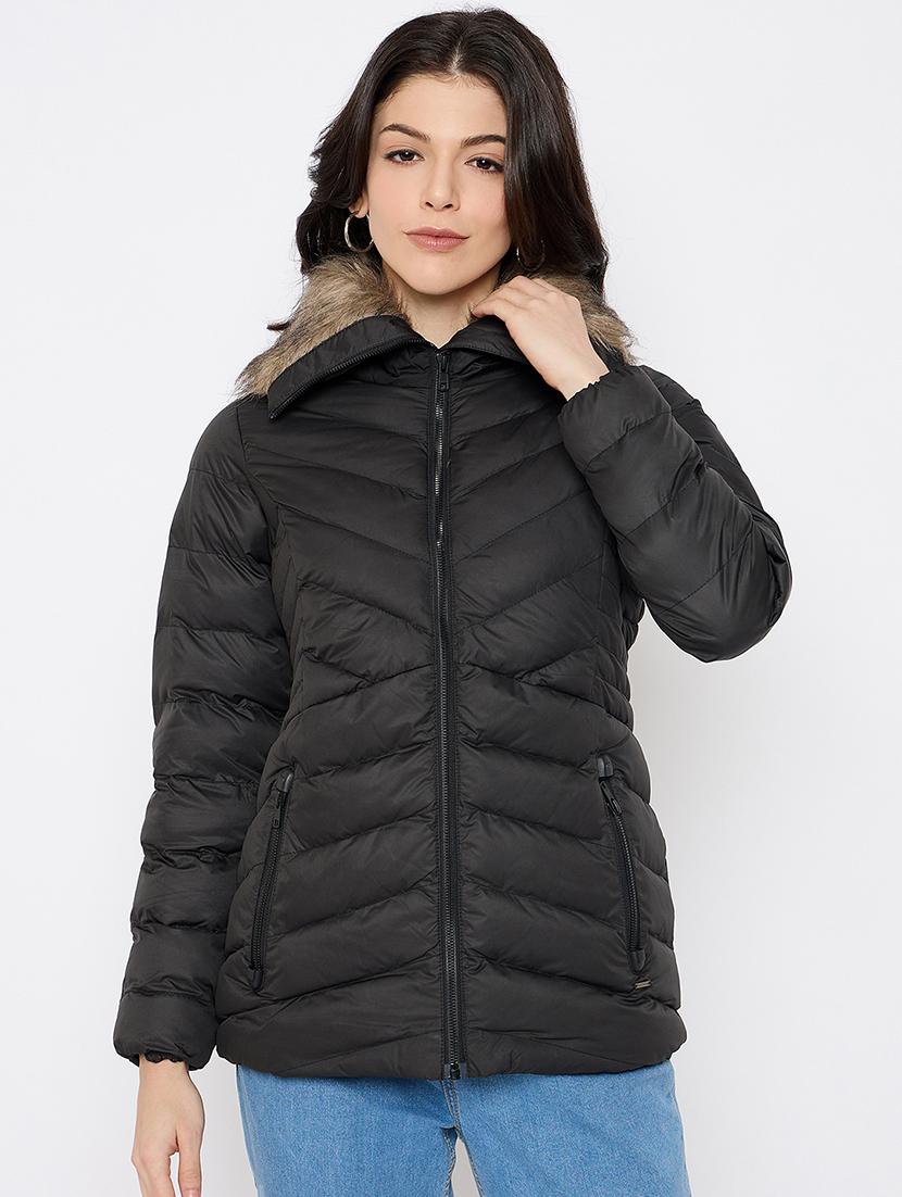 women solid fur detailed high neck puffer jacket - 21686065 - Zoom Image - 0