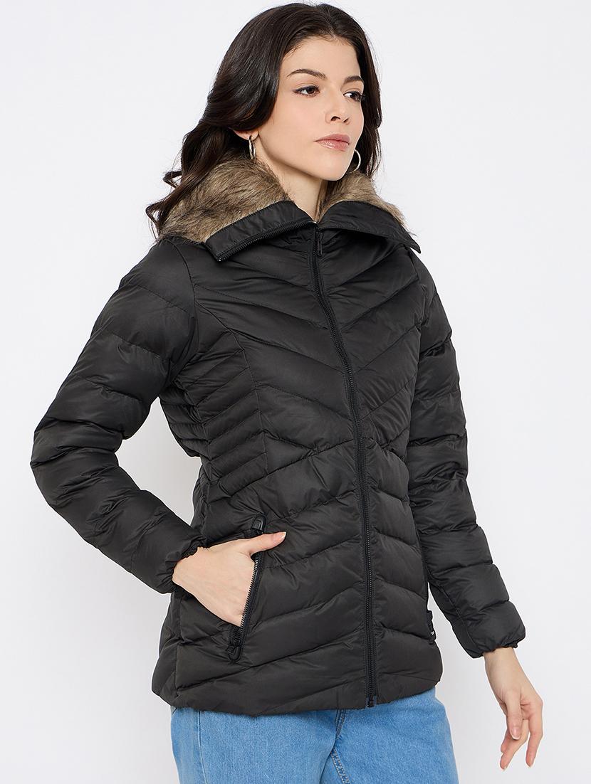 women solid fur detailed high neck puffer jacket - 21686065 - Standard Image - 1