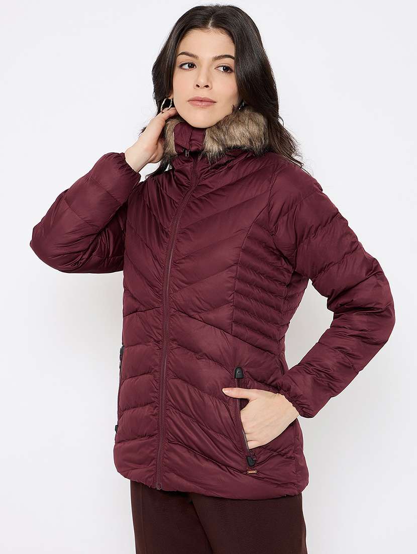 women solid fur detailed high neck puffer jacket - 21686066 -  Standard Image - 1