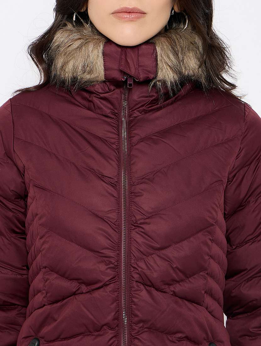 women solid fur detailed high neck puffer jacket - 21686066 -  Standard Image - 4