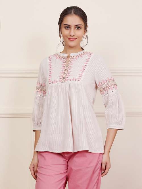 women beige striped three quarter sleeve a line tunic