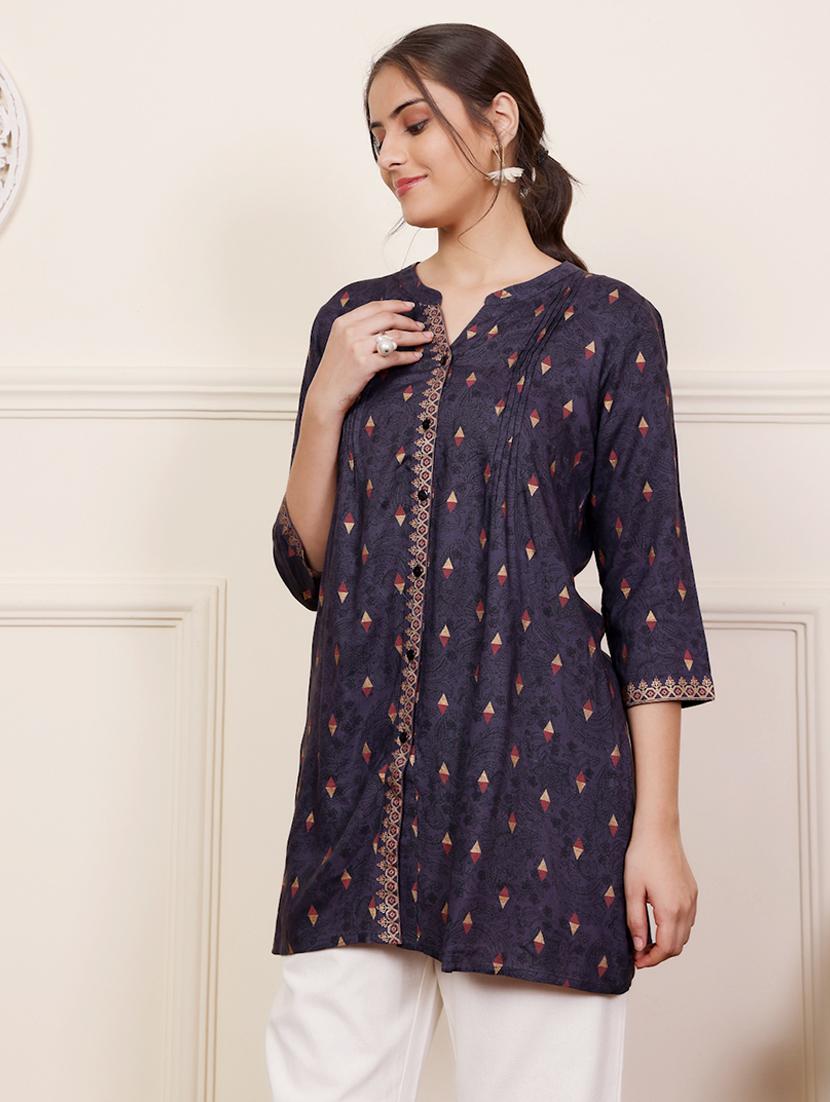 women three quarter sleeve a-line kurti - 21686468 - Standard Image - 1