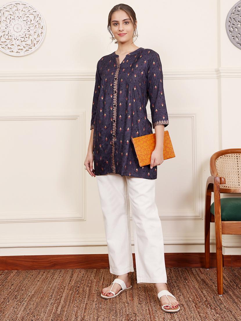 women three quarter sleeve a-line kurti - 21686468 - Standard Image - 4