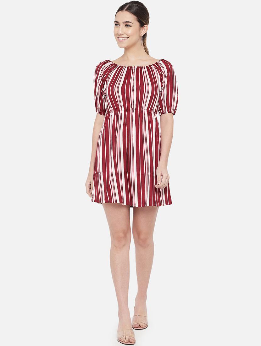 women striped puff sleeves a-line dress - 21686995 - Zoom Image - 0