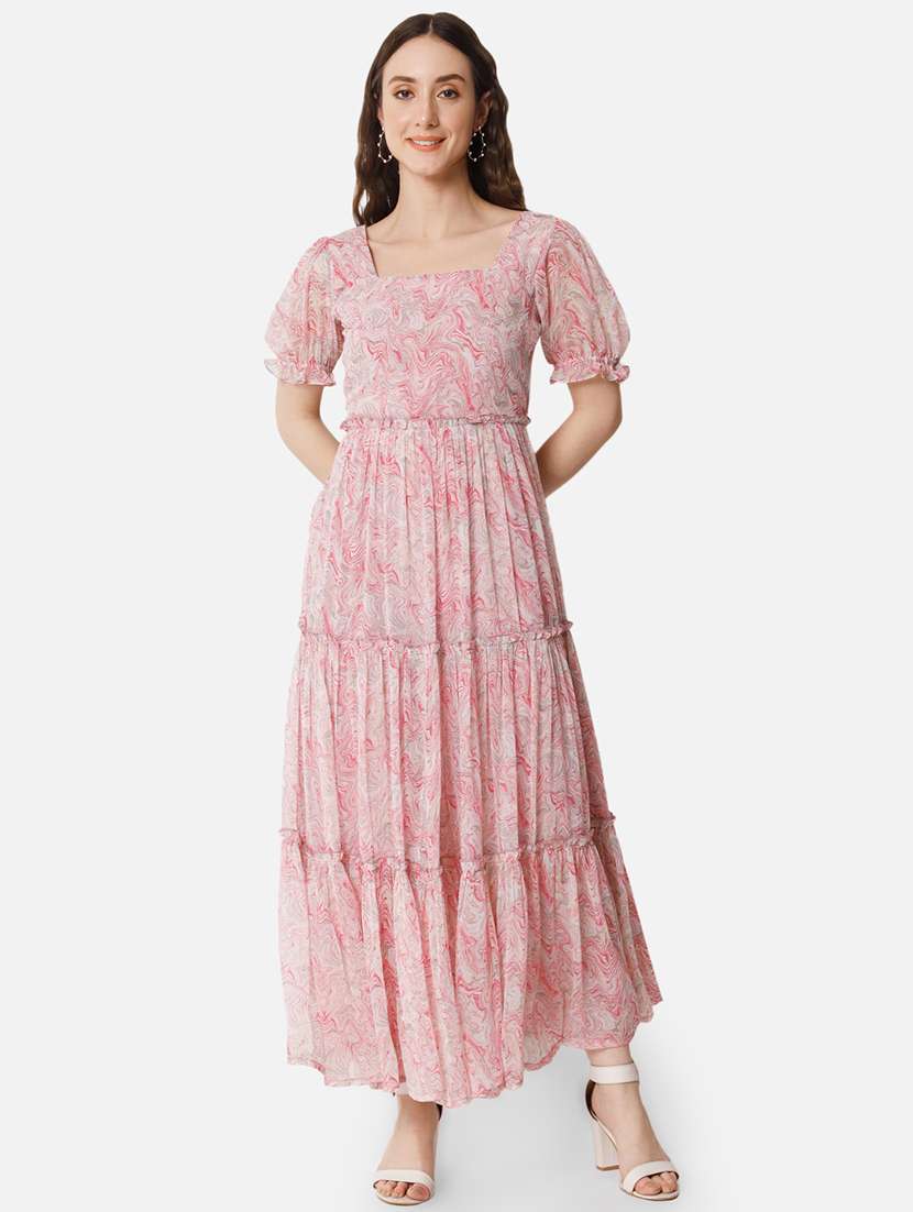 women printed puff sleeves tiered maxi dress