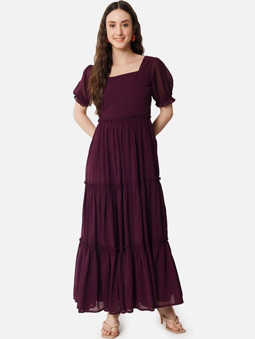 women solid puff sleeves tiered maxi dress