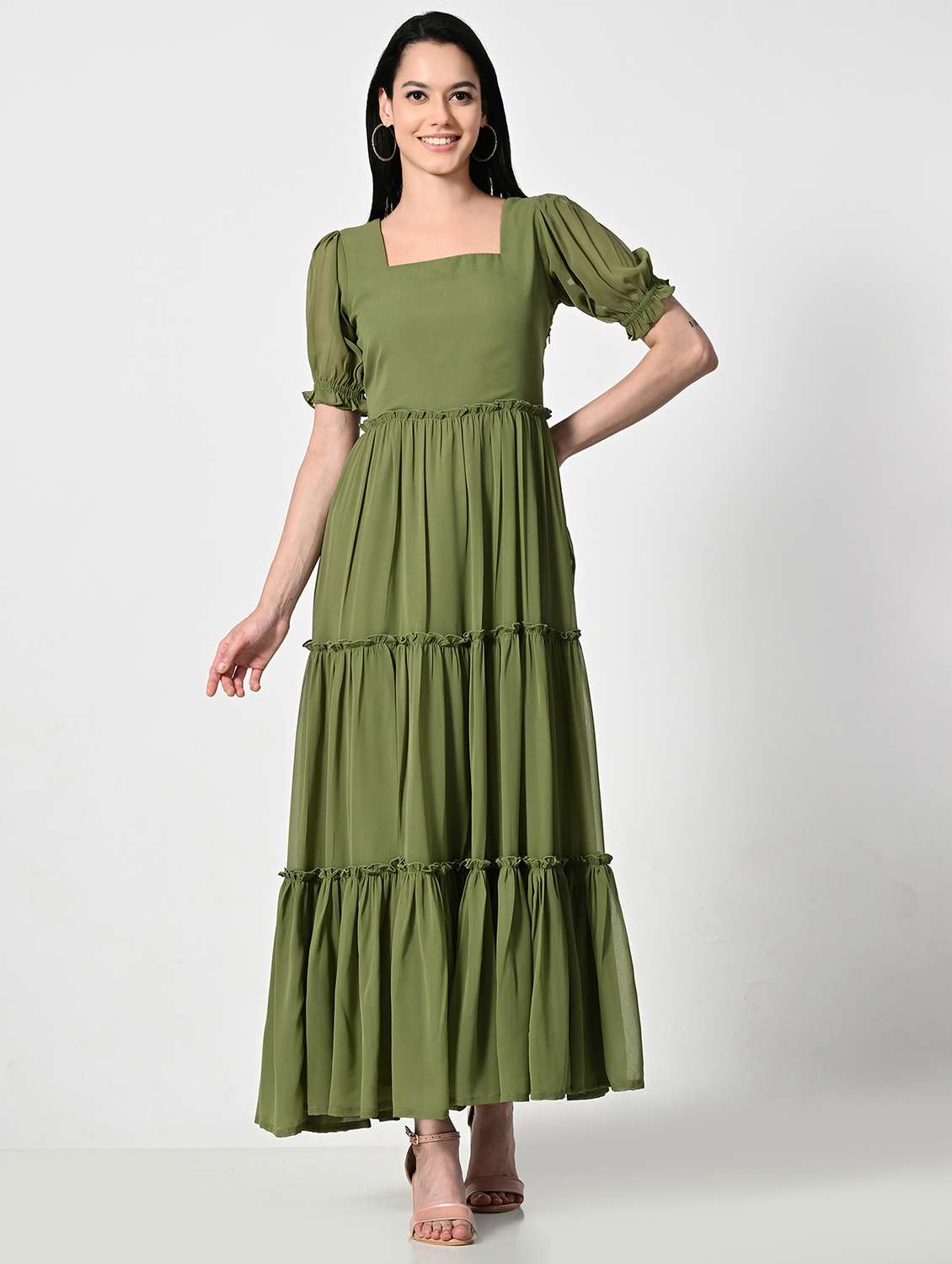 women solid puff sleeves tiered maxi dress