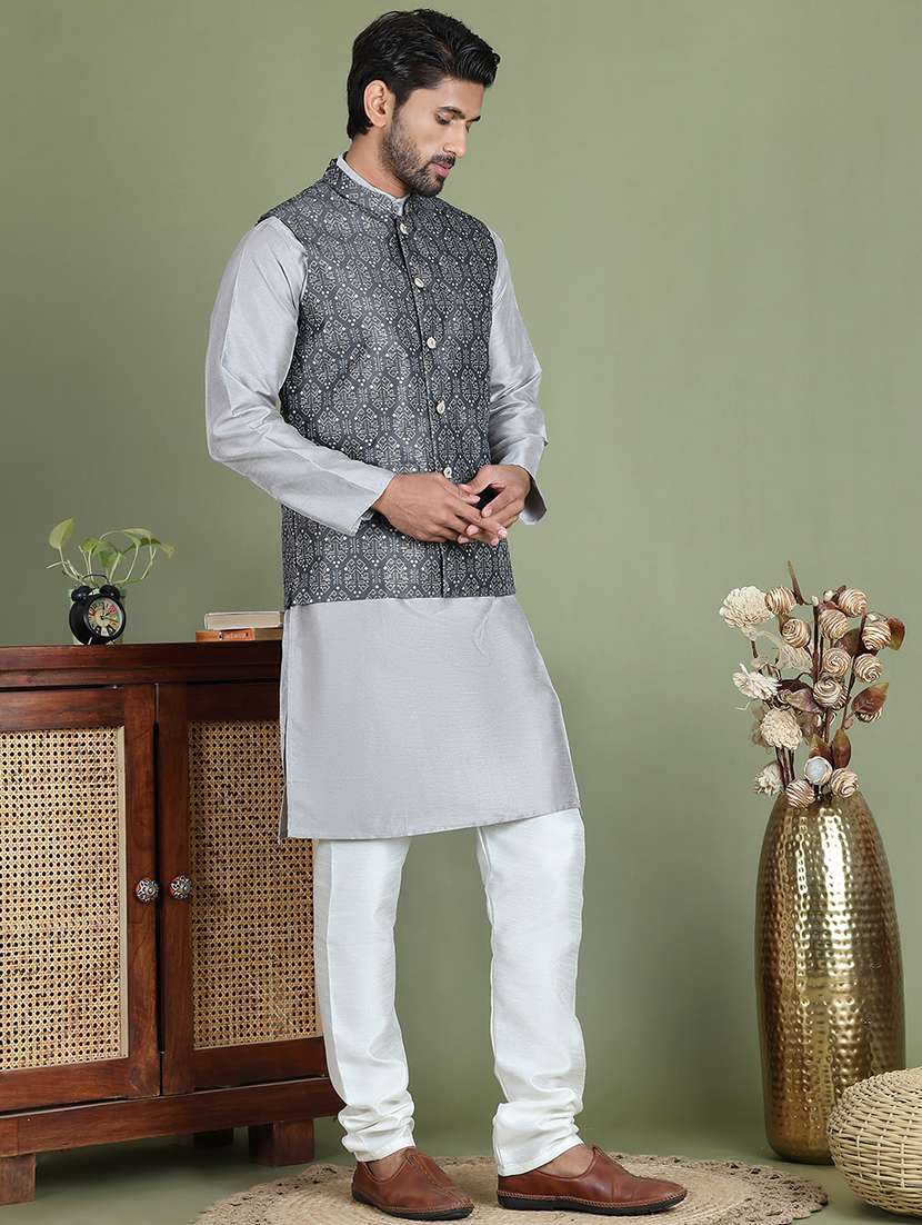 men printed kurta pyjama with jacket ethnic wear set - 21687083 -  Standard Image - 1