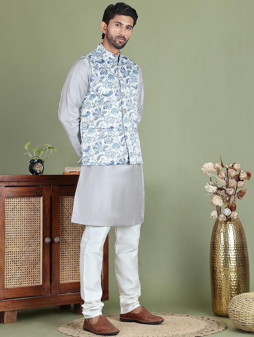 men printed kurta pyjama with jacket ethnic wear set - 21687086 - Standard Image - 1