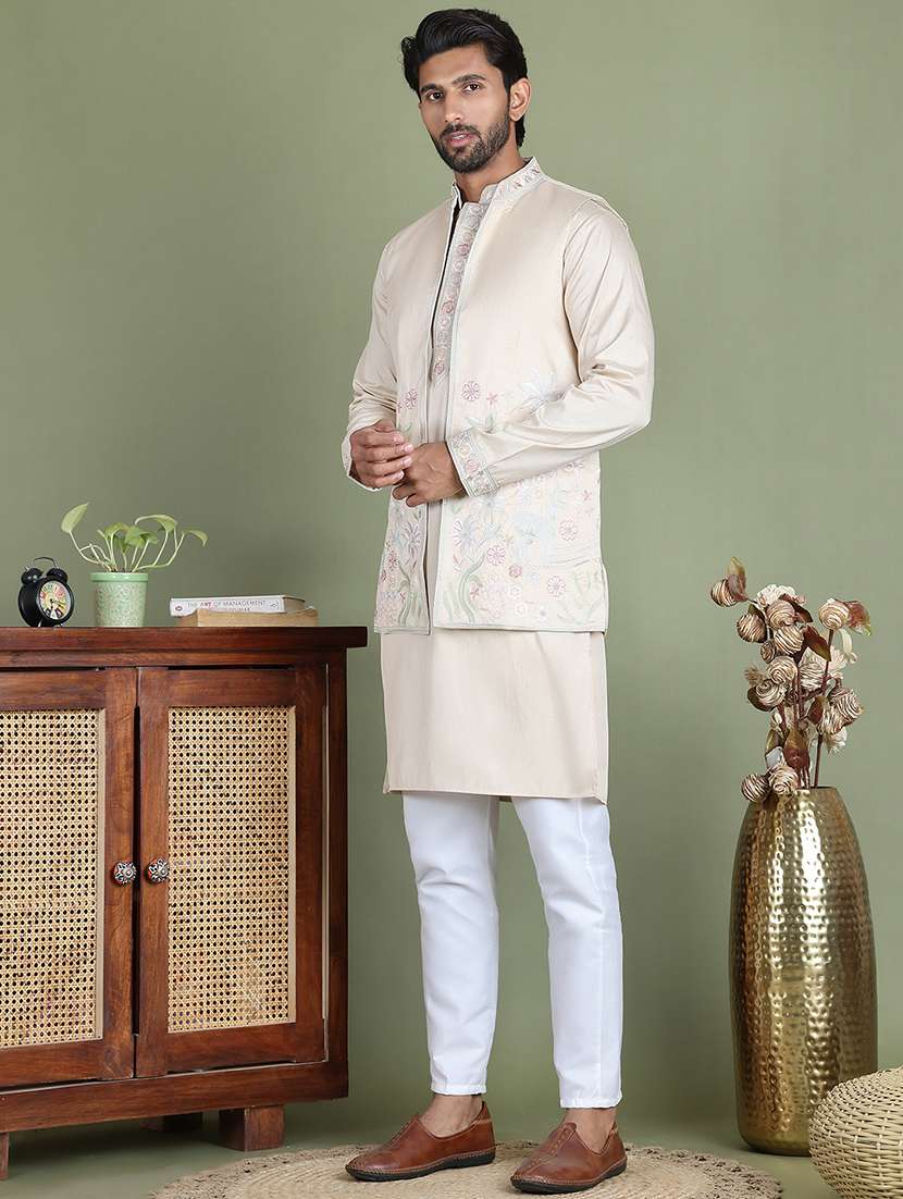 men embroidered kurta pyjama with jacket ethnic wear set
