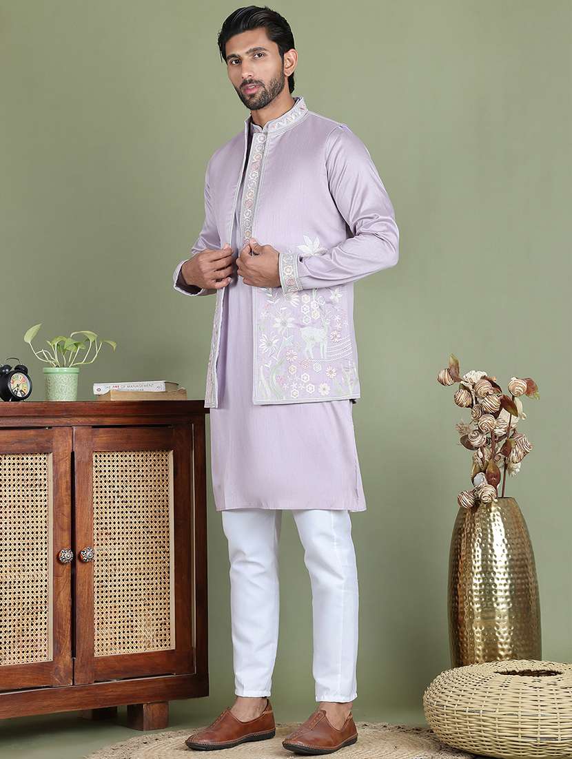 men embroidered kurta pyjama with jacket ethnic wear set - 21687090 -  Standard Image - 1