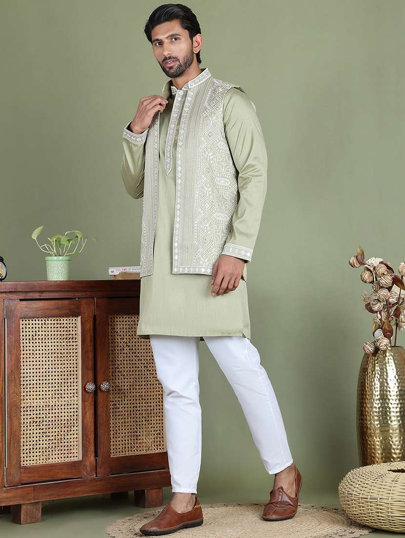 men embroidered kurta pyjama with jacket ethnic wear set - 21687093 -  Standard Image - 1