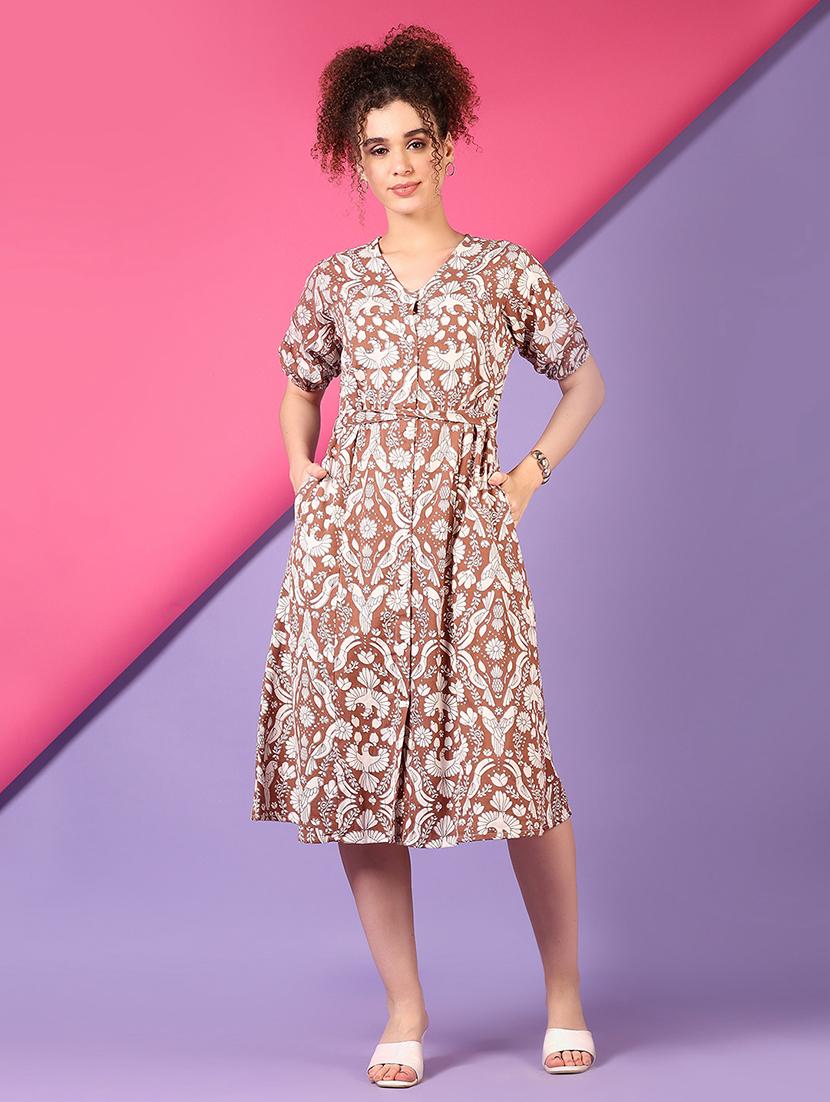 women brown printed puff sleeve a-line dress - 21687503 -  Zoom Image - 0