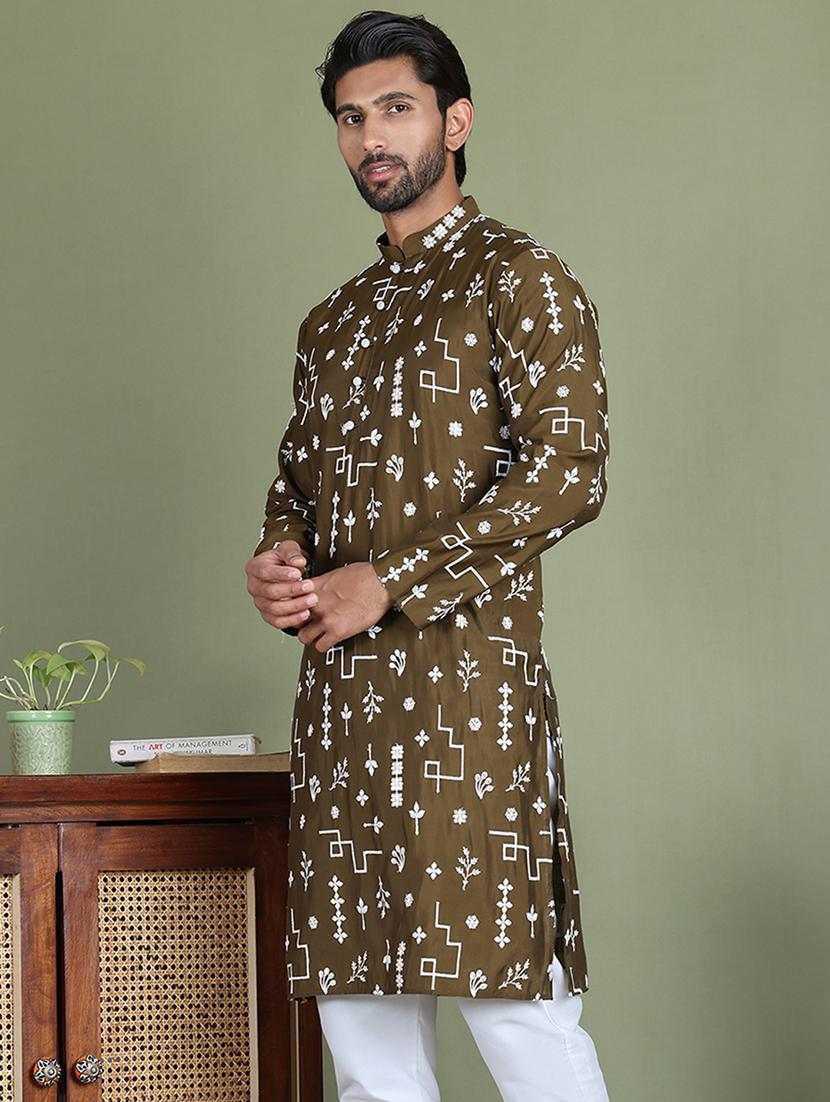 men embroidered mandarin neck long kurta - 21687704 -  Standard Image - 1