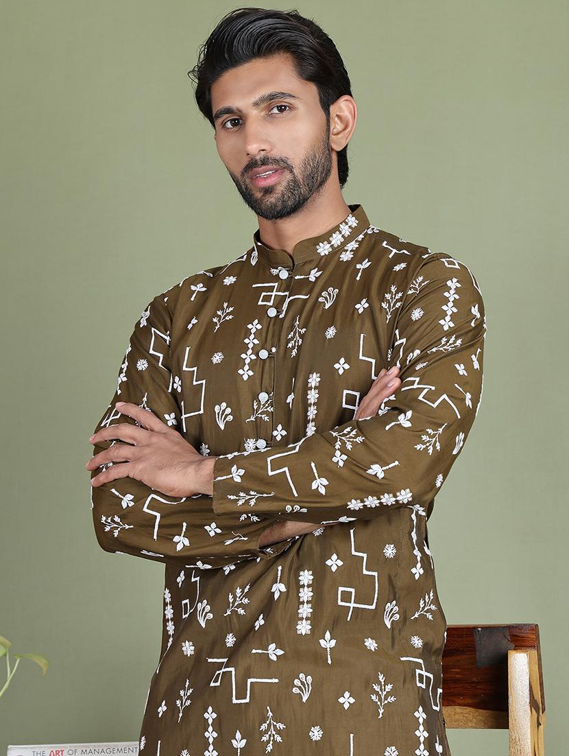 men embroidered mandarin neck long kurta - 21687704 - Standard Image - 4