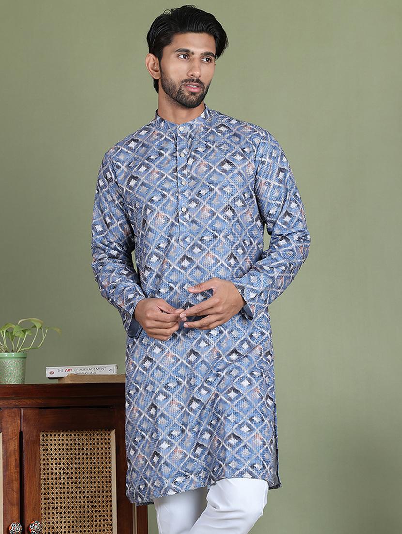 men printed mandarin neck long kurta
