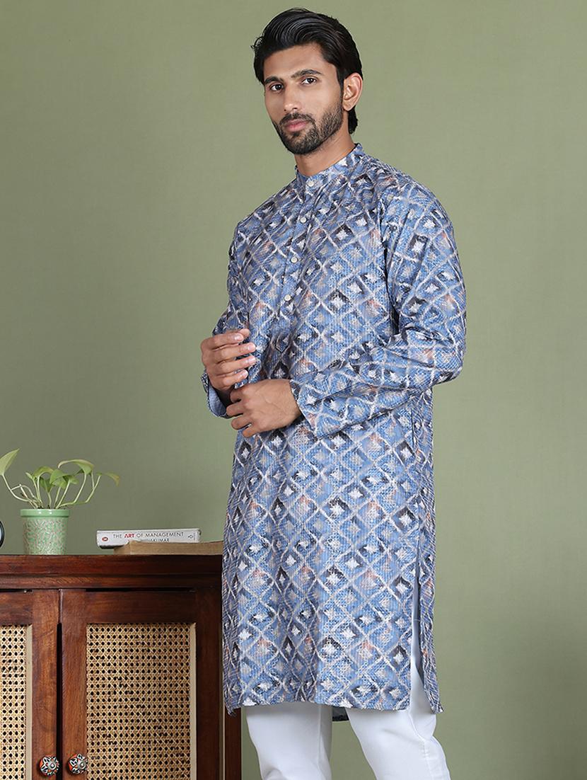 men printed mandarin neck long kurta - 21687705 - Standard Image - 1