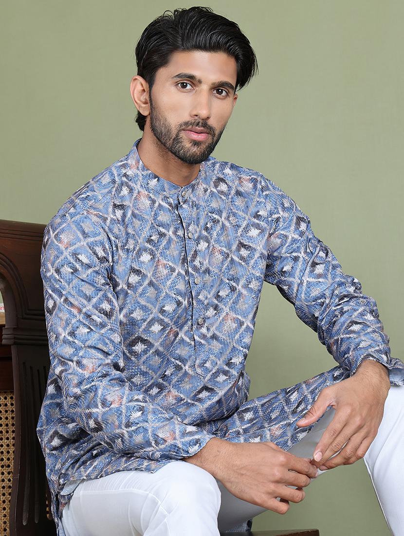 men printed mandarin neck long kurta - 21687705 - Standard Image - 4