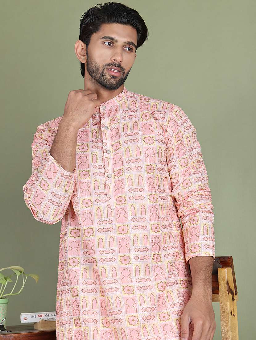 men printed mandarin neck long kurta - 21687707 - Standard Image - 4