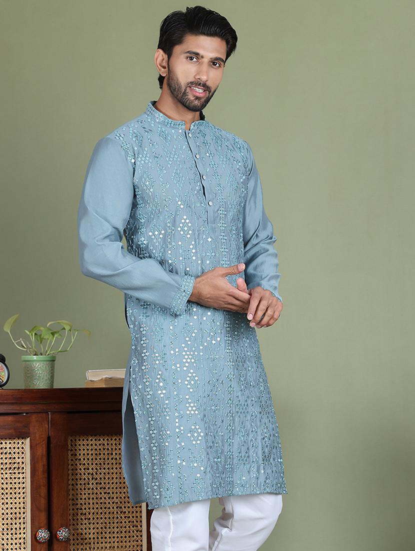 men embroidered mandarin neck long kurta - 21687710 -  Standard Image - 1