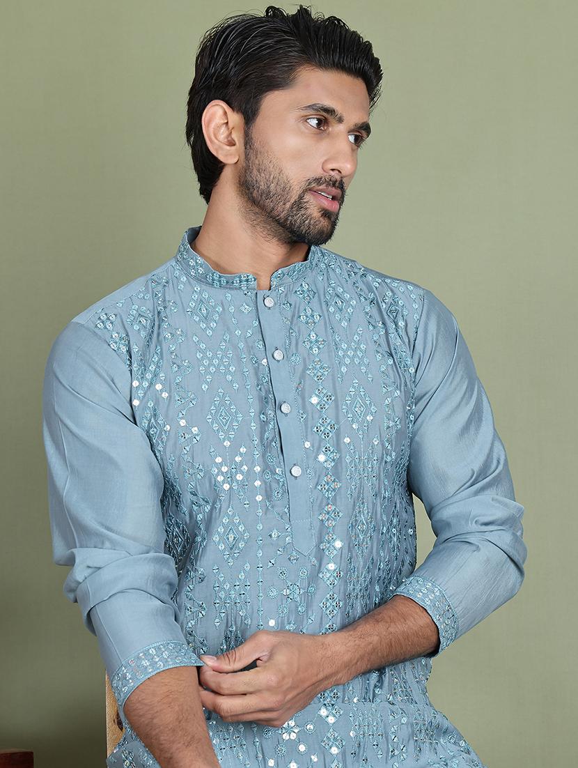 men embroidered mandarin neck long kurta - 21687710 - Standard Image - 4