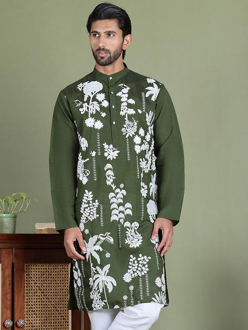 men embroidered mandarin neck long kurta - 21687712 - Standard Image - 0