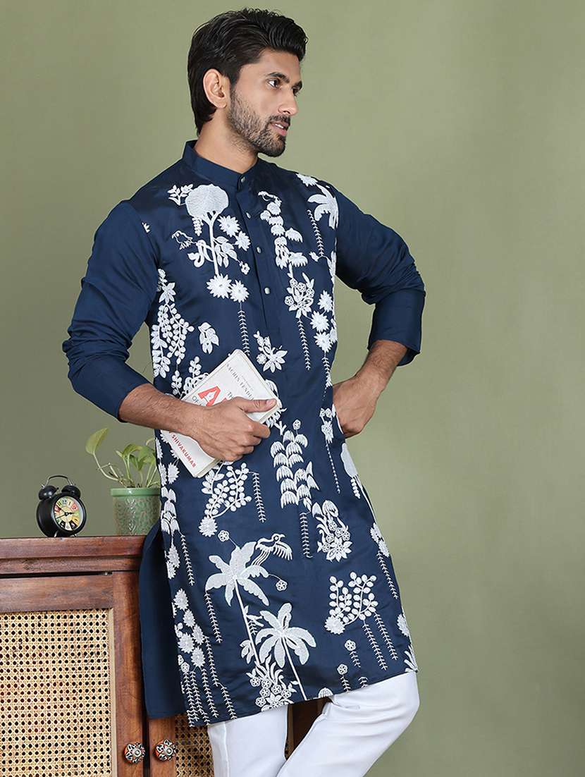 men embroidered mandarin neck long kurta - 21687713 - Standard Image - 1