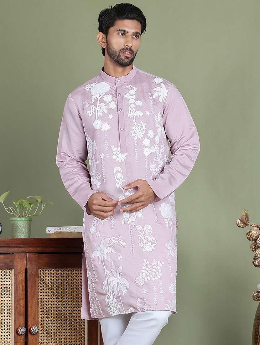 men embroidered mandarin neck long kurta