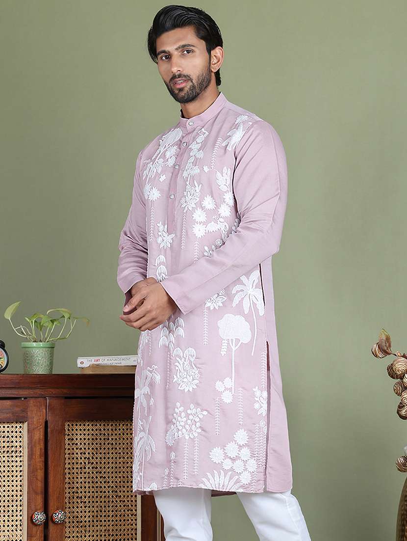 men embroidered mandarin neck long kurta - 21687714 -  Standard Image - 1