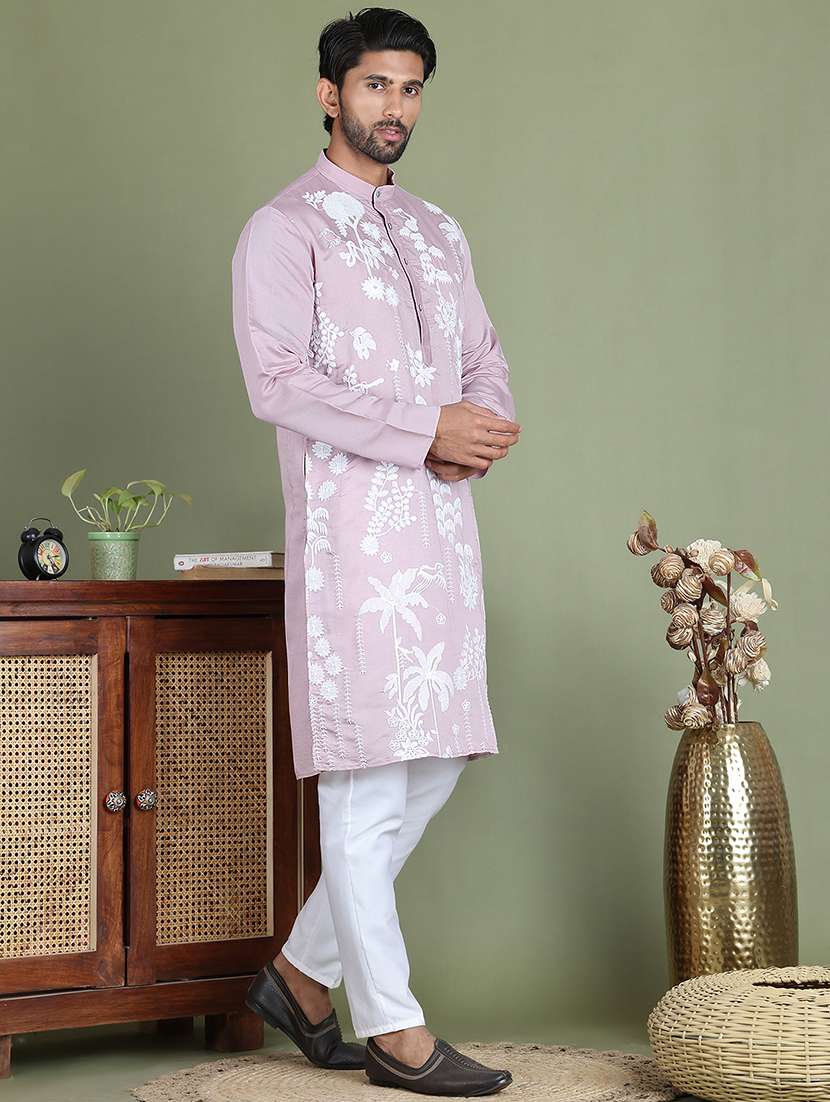 men embroidered mandarin neck long kurta - 21687714 -  Standard Image - 4
