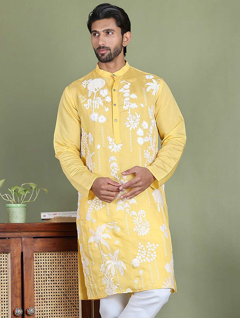 men embroidered mandarin neck long kurta