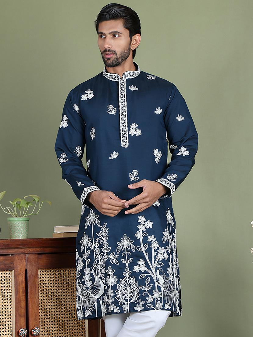 men embroidered mandarin neck long kurta - 21687717 -  Zoom Image - 0
