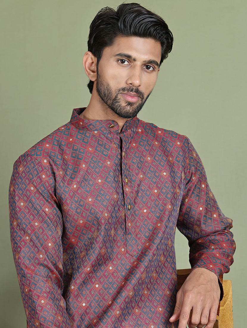 men printed mandarin neck long kurta - 21687722 - Standard Image - 4